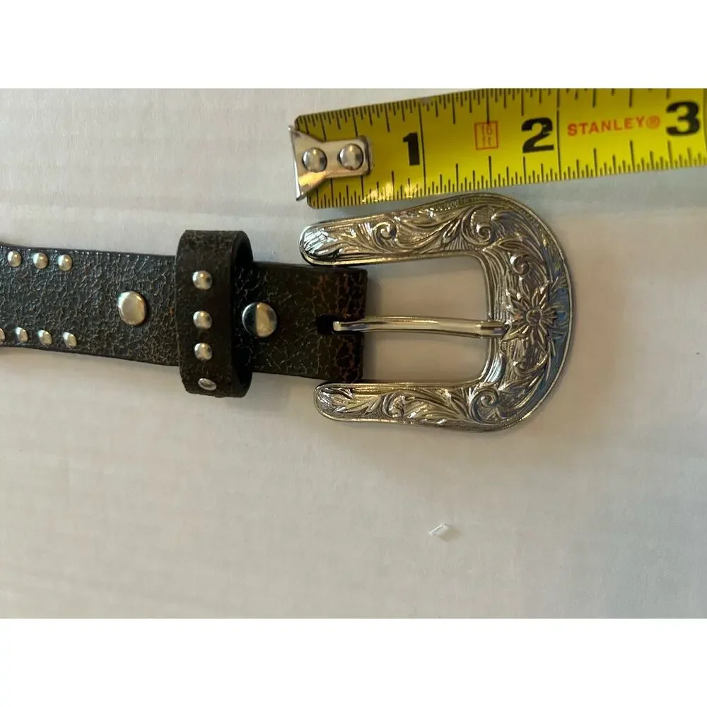 NOCONA Womens Western Belt Sz 28 Brown Leather‎ Studded Pink Heart Silver Buckle